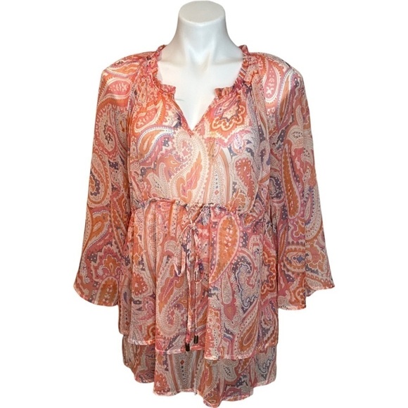 Jessica Simpson Maternity Paisley Ruffle Bell Sleeve Sheer Blouse, size M - Picture 2 of 10